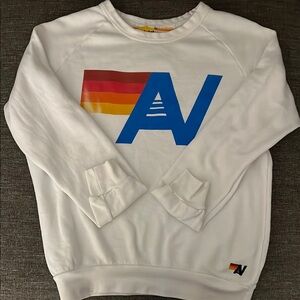 Aviator Nation White Crew Neck Sweater with Blue and Multicolor Logo